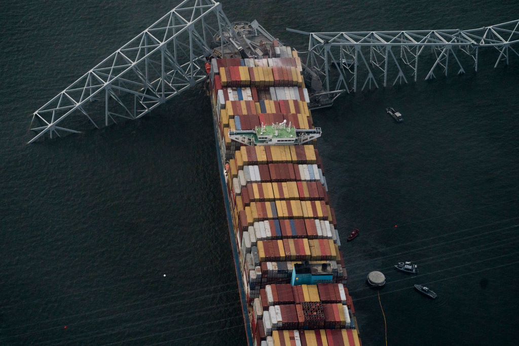 BALTIMORE, MD- March 26:The scene where a container ship crashed into the Francis Scott Key Bridge in Baltimore, MD on March 26, 2024.
(Photo by Carolyn Van Houten/The Washington Post via Getty Images)
