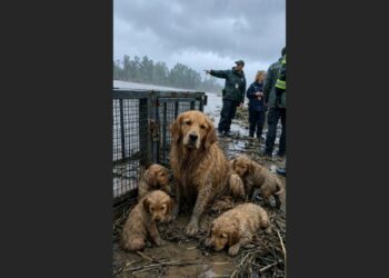 A Golden Retriever Mother Barked Desperately at Passing Cars During a Highway Storm. When a Truck Driver Finally Stopped, He Followed Her Beneath a Bridge—and Found Five Puppies Trapped in a Metal Cage.